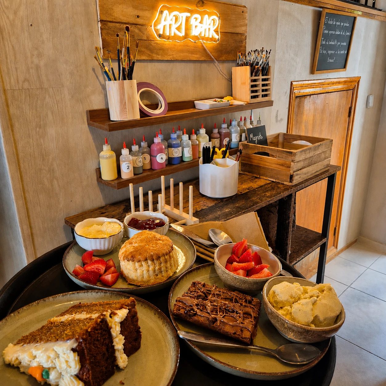 The Art Bar with paints and a spread of cakes, scones and treats